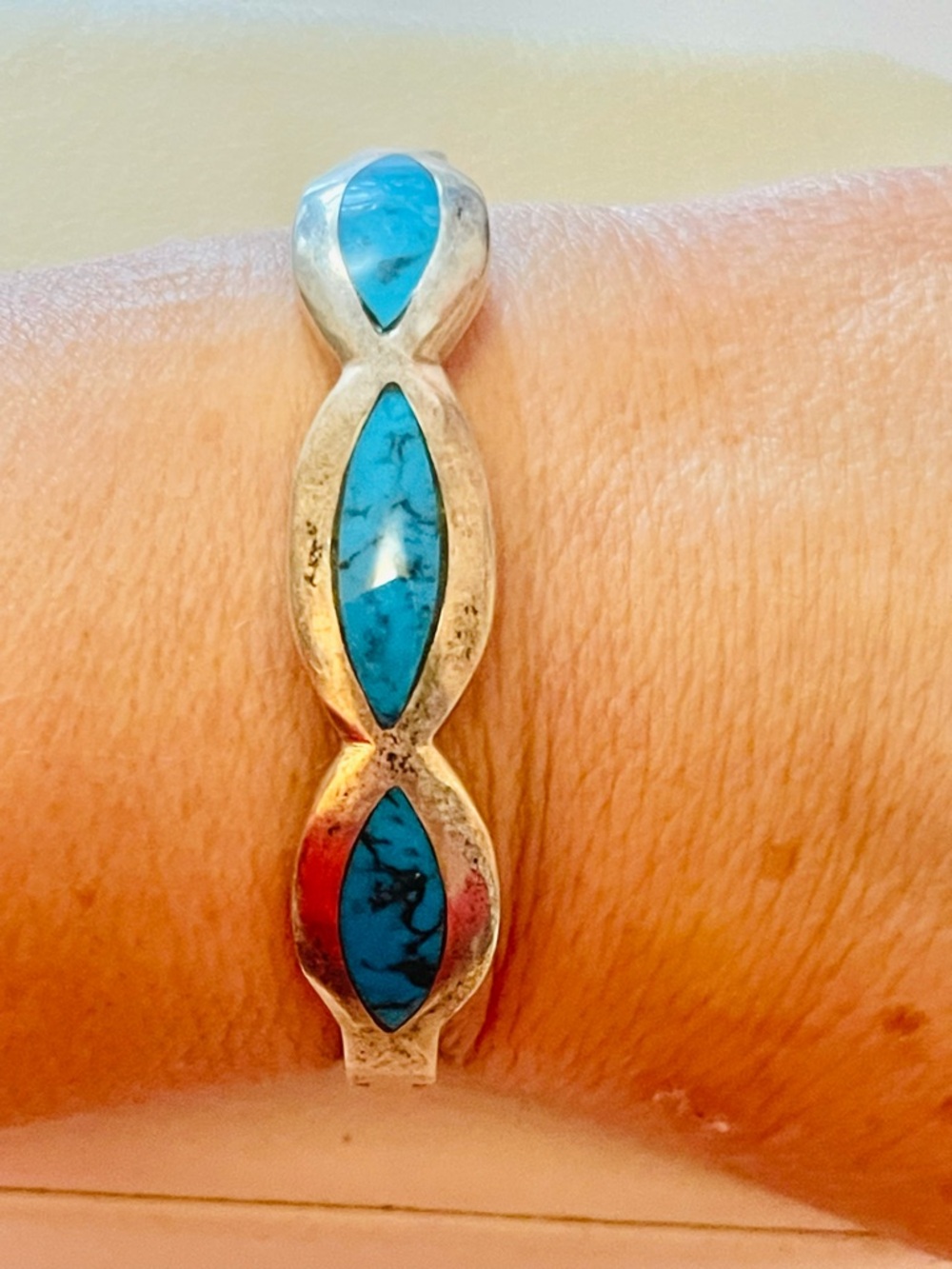 Turquoise Inlay Silver Bracelet - Blue Stone Women's Jewelry